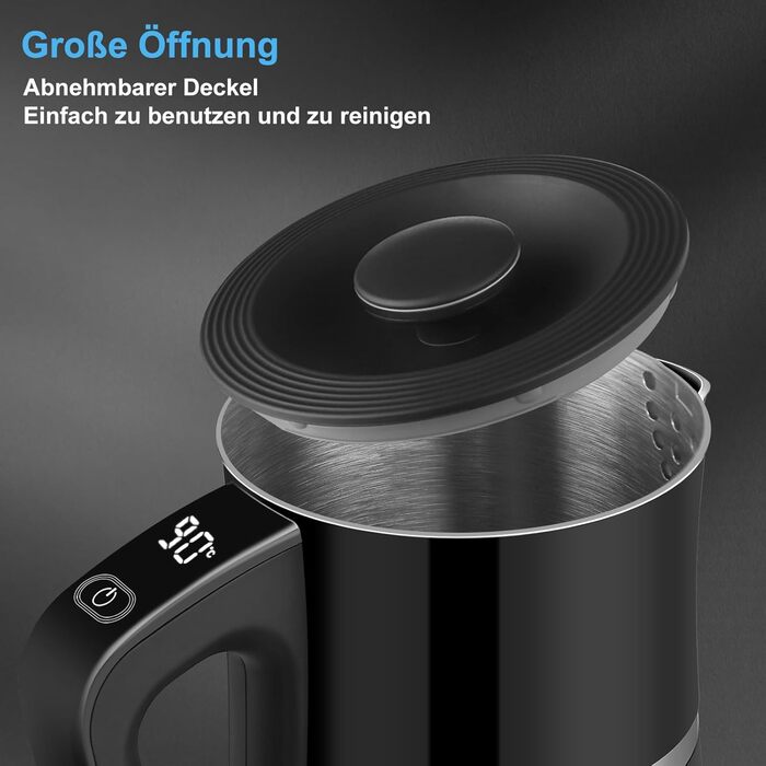 Чайник з нержавіючої сталі WANNYTON 1,7 л з налаштуванням температури Вибір температури (40-100C), 2200 Вт, без бісфенолу А, цифровий дисплей, база 360, функція збереження тепла, автоматичне вимкнення, захист від кип'ятіння, чорний