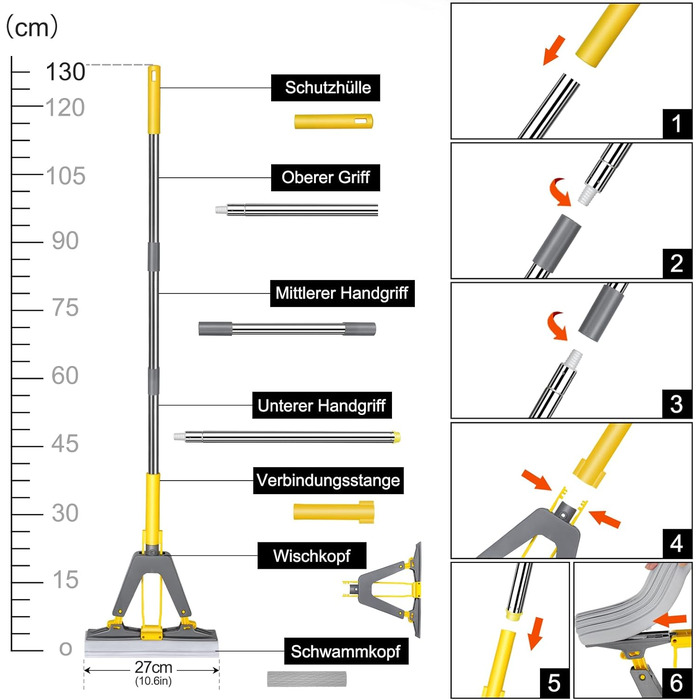 Губчаста швабра MASTERTOP, 130 см, для підлоги з 3 високопоглинаючими губками з ПВА, поглинаюча губчаста швабра з функцією віджиму