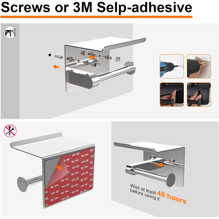 Тримач для туалетного рулону Ibergrif з 2 способами кріплення, тримач для туалетного рулону без свердління, настінний тримач для туалетного рулону, тримач для туалетного рулону з поличкою, нержавіюча сталь, срібло Вгору