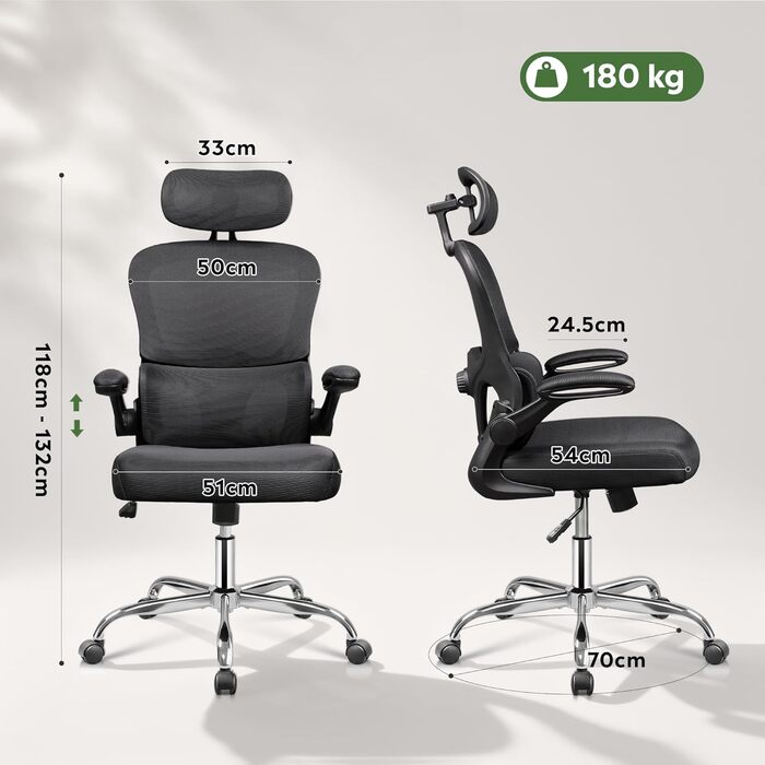 Ергономічне офісне крісло DEVAISE, письмове крісло з поперековою опорою, 3D-підголівник, підлокітники, що складаються на 90, та дихаюча сітчаста спинка, функція гойдання для офісу та домашнього офісу, до 150 кг, чорний колір