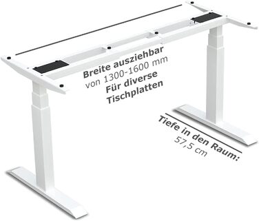 Стіл з регульованою висотою (610x1250 см) - Стіл для роботи сидячи/стоячи з портами зарядки - Каркас столу з електричним регулюванням висоти та сталевими ніжками - Стіл з регульованою висотою, білий 610-1250 мм 2 ніжки білий