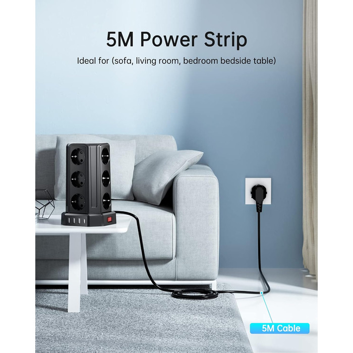 Шляхова розетка на 4000 Вт 16 А з подовжувачем 5 м, 3 розетки USB A і 1 розетка USB C із захистом від перенапруги, розетка для дом