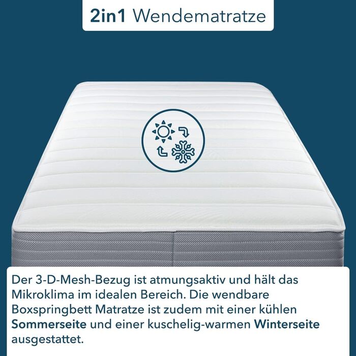 Матрац із пружинним блоком 90x200 см, висота 30 см, двосторонній матрац H2 та H3 з літнім та зимовим боковинами, 100-денний пробний період, матрац для ліжок із пружинним блоком, ефект пам&39яті, сертифікований Oeko-Tex 100, 90 x 200 см