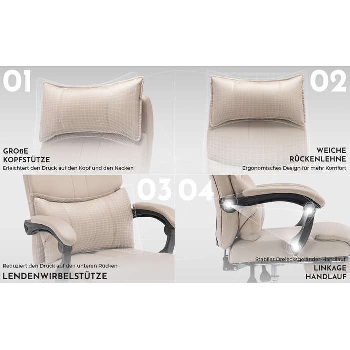 Ергономічне офісне крісло з подвійною поперековою опорою - Геймерське крісло та крісло для керівника 150 кг - Обертове крісло з регульованою висотою, виготовлене з штучної шкіри (бежевий)