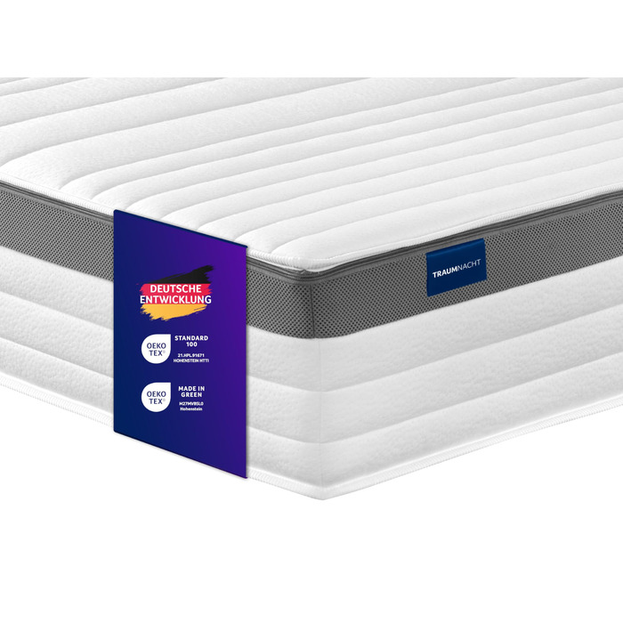 Матрац Traumnacht Premium 7-Zone 500 з пружинами Pocket Spring, рівень жорсткості 4 (H4), 90 x 200 см, сертифікований ko-Tex, виготовлений відповідно до німецьких стандартів якості, рівень жорсткості 4 - жорсткий, 90 x 200 см