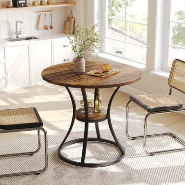 Круглий обідній стіл Tribesigns, кухонний стіл для їдальні та вітальні, обідні столи 80 см для 2-4 осіб, невеликий обідній стіл з місцем для зберігання та металевою основою, рустикальний коричневий (лише стіл)