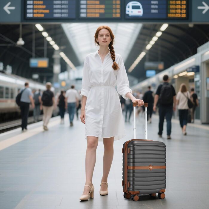 Валіза KONO, дорожня валіза, візок, ручна поклажа 55x40x20 см, виготовлена з твердої оболонки ABSPC, з подвійними колесами та кодовим замком (сіра/коричнева, 55 см) Ручна поклажа (55 см) сіра/коричнева