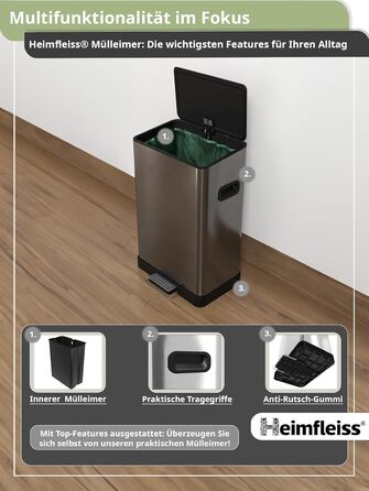 Відро для сміття Heimfleiss 50 л Педальне відро для сміття Дизайнерське прямокутне відро з нержавіючої сталі Сучасне відро для смі