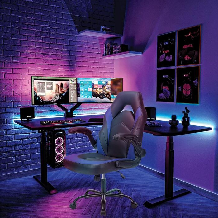 Ергономічне ігрове крісло зі складними підлокітниками, регульована висота (107-116 см), поворот на 360, штучна шкіра, тихі колеса, складні підлокітники, офісне крісло для ігор та домашнього офісу, синього кольору