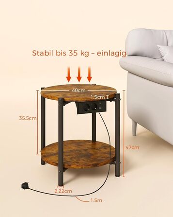 Круглий бічний столик IRONCK, журнальний столик з розеткою, невеликий дерев&39яний столик, стіл для вітальні з 2 полицями, столик-диван, порт USB та Type-C, металевий каркас, тумбочка для спальні (вінтажний коричневий, )