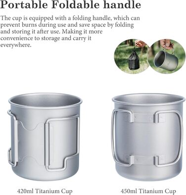 Титанова кемпінгова каструля Boundless Voyage 420 мл з кришкою, складною ручкою, надлегкою титановою чашкою, кавовою чашкою Ti1544B Ti1544b-r