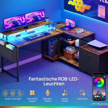 Г-подібний стіл на сім столів з полицями для зберігання, ігровий стіл зі світлодіодним освітленням та розетками, комп&39ютерний стіл з підставкою для монітора для домашнього офісу, спальні, вітальні, вінтажний коричневий