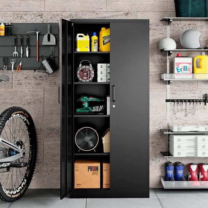 Шафа для документів, що замикається, з 2 дверима, металева шафа, сталева шафа, багатоцільова шафа, металева офісна шафа, регульовані полиці, шафа для зберігання речей для офісу, дому, гаража, 170x78x39 см, чорна