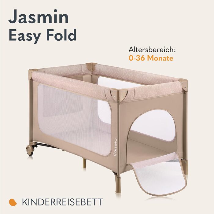 Дорожнє ліжечко Lionelo Jasmin Easy Fold для дітей вагою до 15 кг, віком від 0 до 36 місяців, матрац з пінопласту T25, 2 налаштування висоти, механізм легкого складання, бічний вхід, колеса, бежевий/пісочний