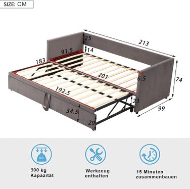 Диван-ліжко шириною 200 см, розкладний диван-ліжко, настінне ліжко з диваном, ліжко-мерфі 90/180 x 200 см, м&39яка розкладна кушетка з рейковим каркасом, двоспальне ліжко, оксамитова тканина, без матраца (сірий) Сірий 01