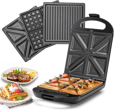 Бутербродниця Bruno 3 в 1, вафельниця, деко для випічки, 1200 Вт, для 4 сендвічів, знімний піддон з антипригарним покриттям, поворот на 180 для швидкого та рівномірного випікання, без бісфенолу А