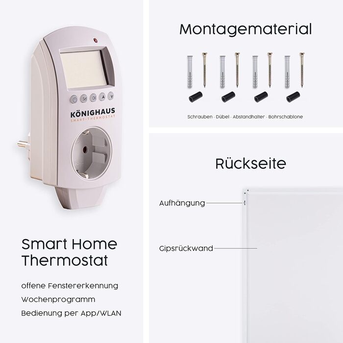 Інфрачервоний обігрівач Knighaus - 800 Вт із сертифікацією TV SD 5-річна гарантія виробника Подвійний захист від перегріву Для настінного монтажу Включає розумний термостат та додаток 800 Вт з розумним термостатом