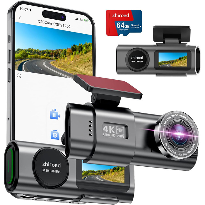 Відеореєстратор, 170 надширококутний автомобільний відеореєстратор спереду, управління додатком з SD-картою 64G і знімним кріпленн