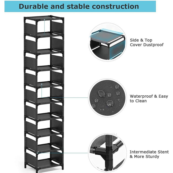Висока полиця для взуття SunshineFace, 10 рівнів, полиця для взуття, вертикальна, вузька, металева рама, зберігання взуття, органайзер, складна полиця для взуття для шафи, передпокій, передпокій