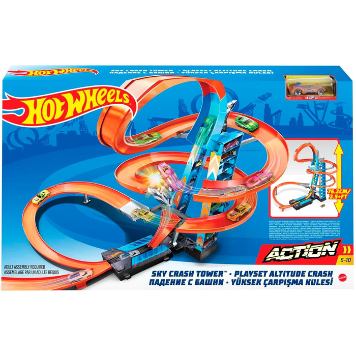 Вежа Sky Crash Tower, 60 см заввишки, з прискорювачем на батарейках та помаранчевою трасою з петлею, подарунок для дітей віком від