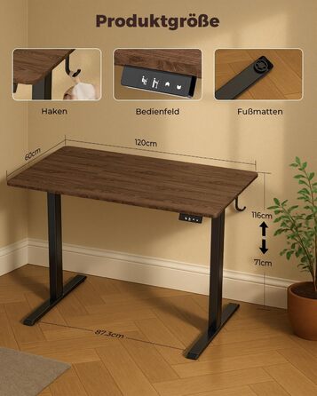 Стіл з регульованою висотою, 120 x 60 см, пам&39ять налаштувань висоти з 2 режимами, легке складання, для домашнього офісу, навчання та ігор, вінтажно-коричневий