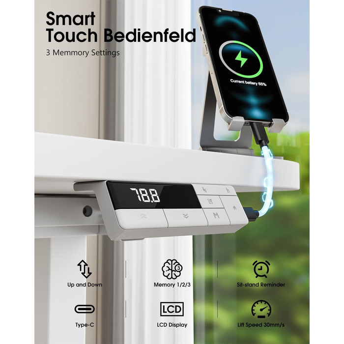 Каркас столу з регулюванням висоти, 2 потужними двигунами, 3 налаштуваннями пам&39яті та нагадуванням про можливе кріплення сидячи/встаючи, функцією захисту від зіткнень, вантажопідйомністю 150 кг, портом USB-C, 2 гачками, білий колір