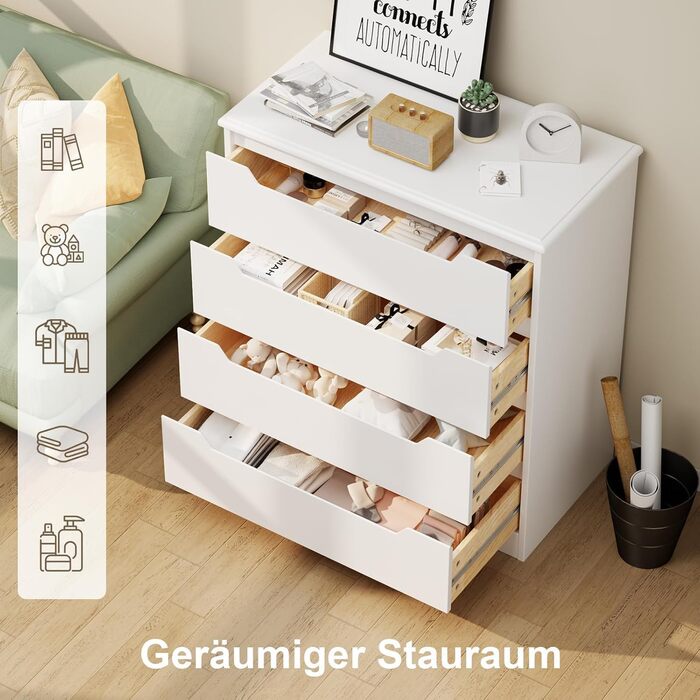 Комод Bealife White, комод для спальні з 4 місткими шухлядами, шафа з шухлядами з вирізаними ручками та пристроєм проти перекидання, комод ідеально підходить для вітальні, офісу