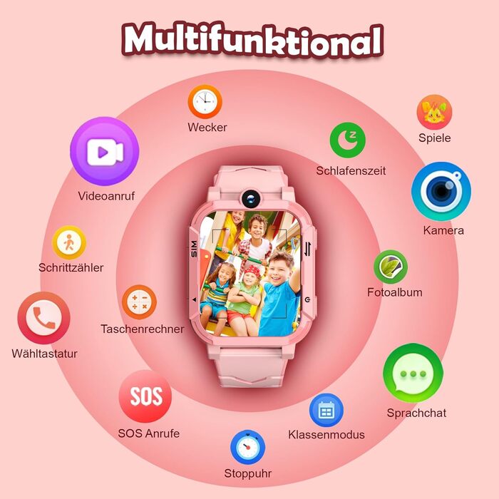 Розумний годинник Blackview Kids, слот для SIM-картки, LBSWiFiGPS-трекер, функція 4G, екстрений виклик SOS, телефонні дзвінки, відеодзвінки, голосовий чат, SMS, шкільний режим, дитячий годинник для дівчаток та хлопчиків, 4G - персиково-рожевий