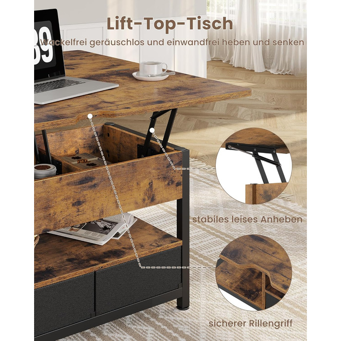 Журнальний столик з регульованою висотою, багатофункціональний стіл для вітальні 3-в-1, журнальний столик з 2 шухлядами, приховане місце для зберігання речей, відкрите відділення, можна використовувати як обідній стіл, для вітальні, офісу, коричневий