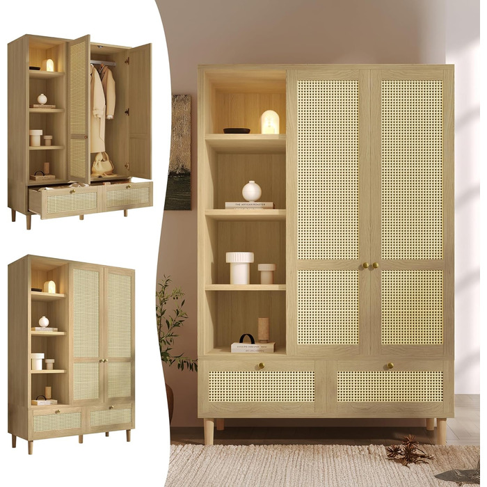 Шафа з 2 дверима та плетінням з ротанга в сільському стилі, під дуб, відкрита полиця, полиці, вішалки для одягу, 2 шухляди, пристрій проти перекидання (180x120x50 см) 180x120x50 см