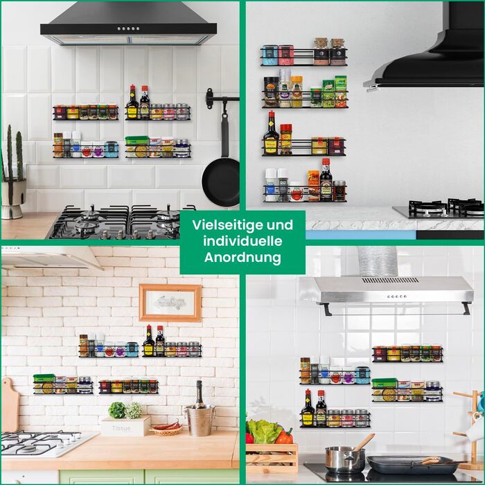 Металеві підставки для спецій - 4 шт. и - можна кріпити без свердління - для спецій, як вкладиш у шафу або органайзер - розмір 32,2 x 6,5 x 7,4 см (матово-чорні)