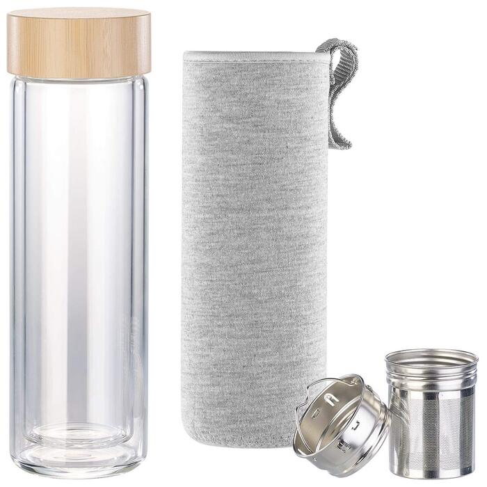 Подвійна пляшка для чаюПодвійна скляна пляшка з неопреновим чохлом та чайним ситечком, 400 мл (термос)