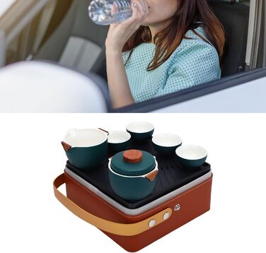 Набір для чаювання в стилі гунфу, преміальна кераміка, портативне зберігання, дорожній набір для чаю. Темно-зелений керамічний чайник з чашками та скринькою для чаю для подорожей, дому та офісу