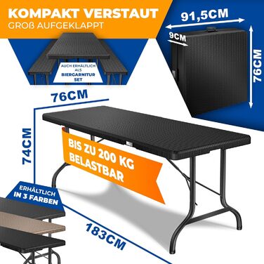 Стіл-фуршет KESSER, складаний, пластик, 183x76 см, вигляд з ротанга, кемпінговий стіл, стіл для вечірки, розкладний стіл, садовий стіл на 6 осіб, сад, патіо та балкон, складаний, в комплекті ручка для перенесення, антрацит