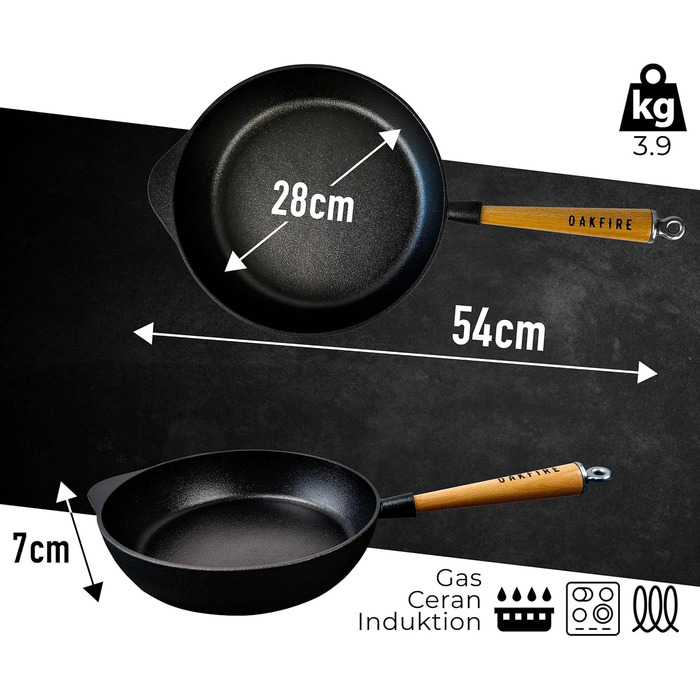 Чавунна сковорода Oakfire 28 см з кришкою - Чавунна сковорода для індукції - Міцна чавунна сковорода - Чавунна сковорода для гриля