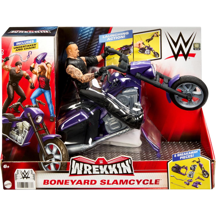 Транспортний засіб Mattel WWE WREKKIN SLAMCYCLE та фігурка Undertaker - мотоцикл Boneyard Slamcycle з 8 деталями, що розпадаються на частини, включаючи фігурку WWE Undertaker, ланцюговий підйомник та пусковий механізм з катапультованим сидінням, HTR84