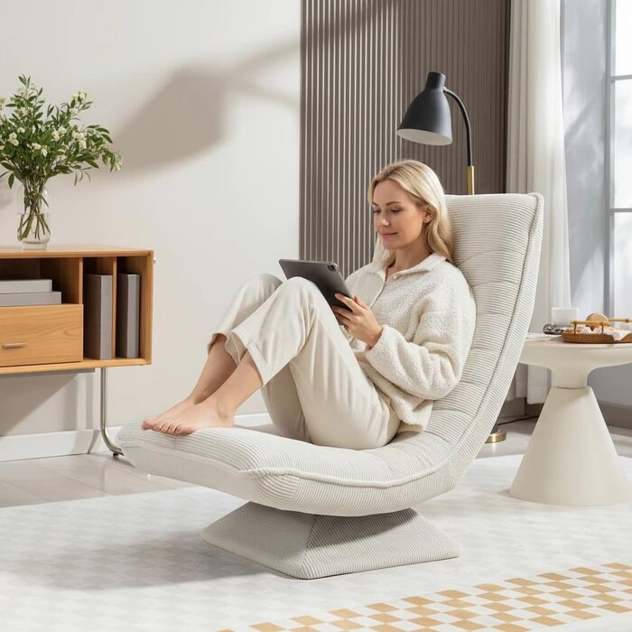 Крісло для вітальні з регульованою спинкою, поворот на 360, зручне вельветове підлогове крісло, не потребує складання, розкладний ігровий підлоговий диван, вантажопідйомність 150 кг, крісло-реклайнер, крісло для читання, бежевий