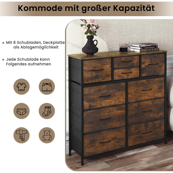 Комод WOLTU з 10 тканинними шухлядами, сервант для вітальні, комод для спальні, шафа для передпокою, металевий каркас, індустріальний стиль, вінтажний коричневий чорний, SSK009shm вінтажний коричневий чорний 10 тканинних шухляд