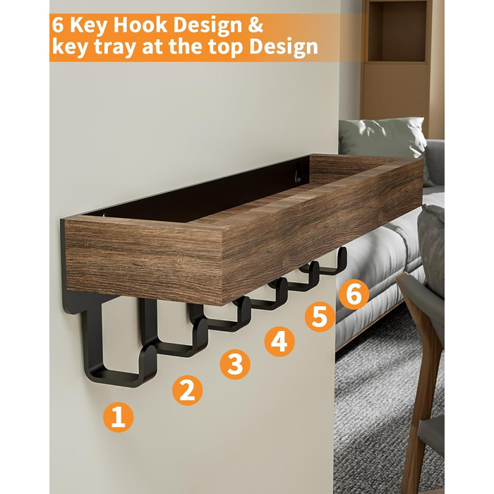 Ключниця з дерев'яним лотком і 6 гачками - багатофункціональна ключниця/дошка для ключів, ключниця з поличкою для передпокою, спал