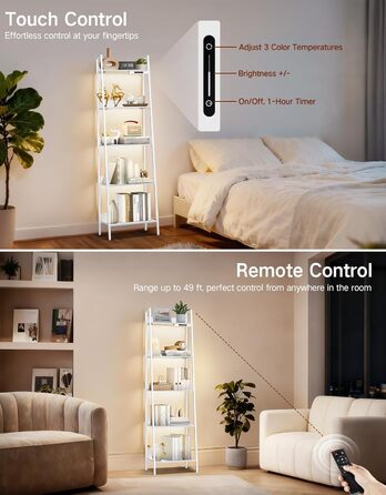 Ярусна вузька полиця-драбина зі світлодіодним підсвічуванням, сенсорним керуванням та дистанційним керуванням, 3 колірні температури, висока окремостояча полиця з регульованою яскравістю, виготовлена з металу та дерева для вітальні, спальні, офісу, біла, 