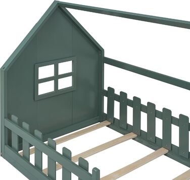 Дитяче ліжко-будиночок 90x200, підлогове ліжко із захистом від падіння та рейковою основою, дерев&39яне ліжко для хлопчиків та дівчаток, зелене без матраца