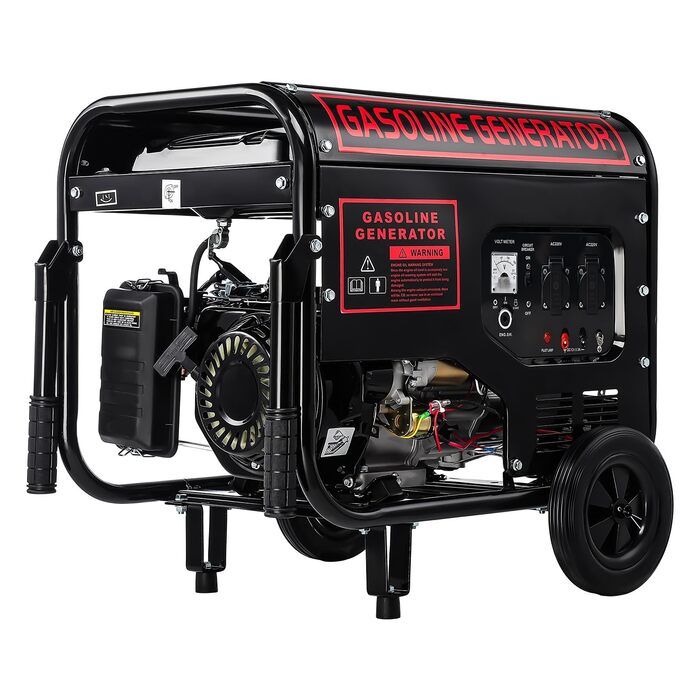 Бензиновий генератор з ручним та електричним запуском, 12 к.с., максимальна потужність 5000 Вт, максимальна безперервна потужність 3500 Вт, бак 15 л, 4-тактний двигун, функція AVR, 2 x 220 В, захист від низького рівня оливи, захист від перевантаження