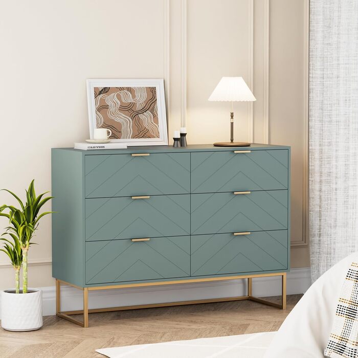 Комод UEV з 6 шухлядами, дерев&39яна шафа з механізмом проти перекидання та металевими ніжками, висока тумба/сервант, вузька комод/бічна шафа для вітальні, спальні, коридору, 100x34x73,5 см, зелений, 34 Г x 100 Ш x 73,5 В см (6 шухляд)