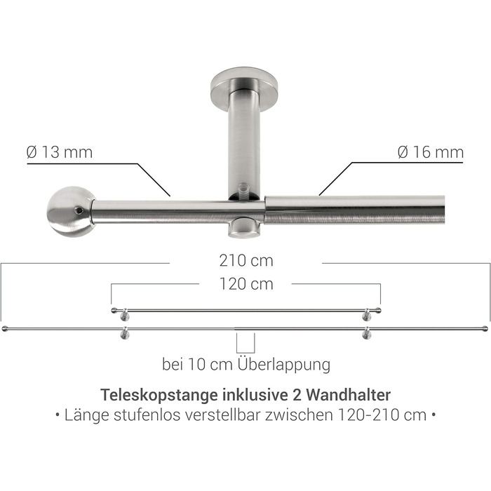 Карниз/телескопічний 1-ствольний комплект Ø 13/16 аксесуари 1569.2259, приблизно 120-210 см, кулька хромована приблизно 120-210 см кулька хром