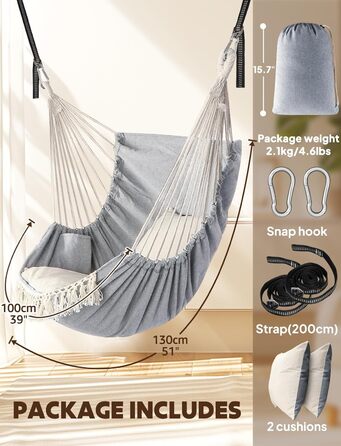 Підвісне крісло Chihee, підвісна гойдалка, 2 подушки сидіння в комплекті, міцні ремені та гачки, легко повісити, підвісне крісло виготовлене з м&39якої бавовняної тканини, бічна кишеня, великий комплект крісел з китицями, зручний комплект крісел для дому/