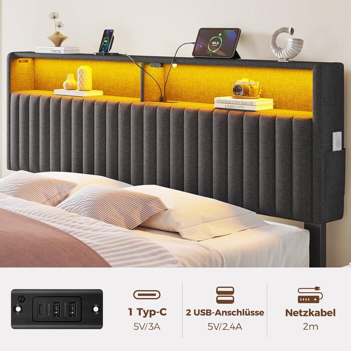 Ліжко Seventable 90x200 із зарядною станцією, металеве ліжко з м&39яким узголів&39ям та світлодіодним підсвічуванням, каркас ліжка з дворівневою полицею, ідеально підходить для дитячих кімнат, кімнат підлітків (сірий) сірий 90 x 200 см