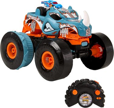 Машинка на дистанційному управлінні Hot Wheels Monster Trucks, кабріолет Rhinomite в масштабі 112 з іграшковою вантажівкою Race Ace в масштабі 164, можна перетворити на стартер, HPK27