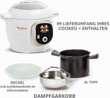 Інтелектуальна мультиварка-скороварка Moulinex Cookeo, 6 л, високий тиск, інтуїтивний екран, покроковий гід з приготування, кришка для зберігання, мобільний додаток, 150 рецептів, Білий CE85CA10