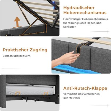 М&39яке двоспальне ліжко 140x200 з ящиком для зберігання, гідравлічне ліжко з місцем для зберігання зі світлодіодним освітленням та розетками, ліжко 140x200 см з узголів&39ям для зберігання, рейковий каркас, льон, темно-сірий (без матраца) 140 x 200 см те