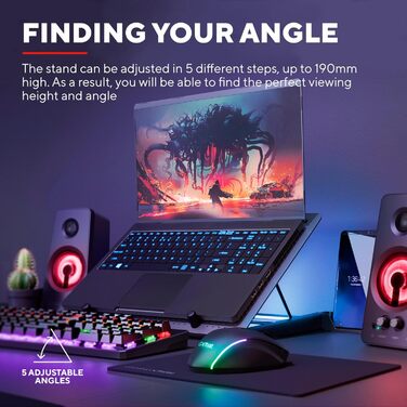 Охолоджувальна підставка для ноутбука Trust GXT 1125 Quno з 5 вентиляторами та LED-підсвічуванням, тримач для смартфона, запобігає перегріву, сумісна з ноутбуками/MacBook до 17,3 дюймів